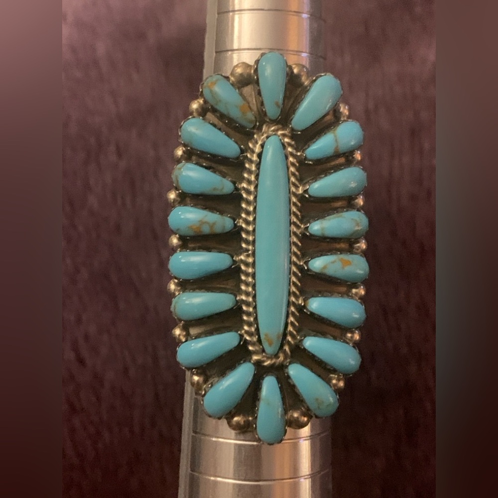 Native American Needlepoint Turquoise Cluster Ring Signed DB